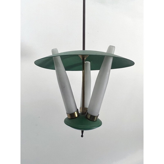 Image 1 of Lampe suspendue vintage avec 3 verres opalins et métal, Italie 1950
