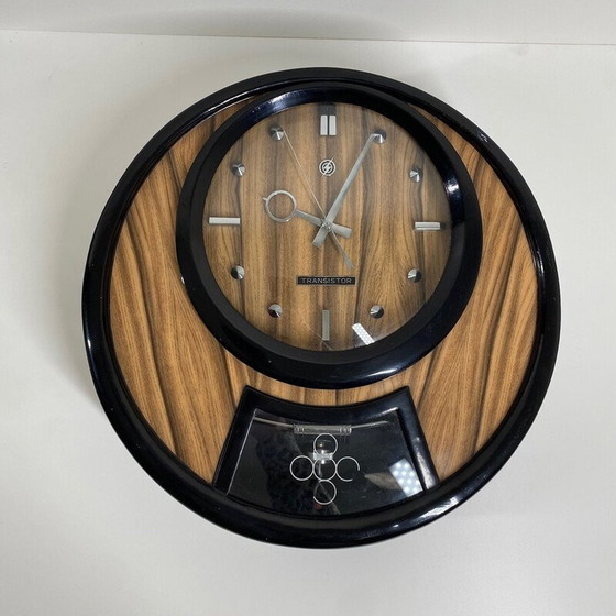 Image 1 of Horloge murale vintage en bois et contreplaqué par Transistor