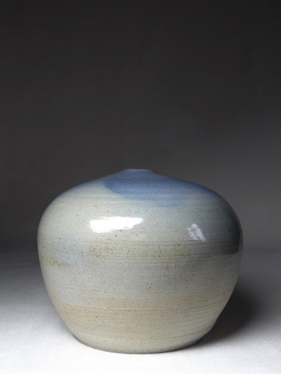 Image 1 of Petit Vase Boule En Grès Vernissé Tourné Main Contemporain Bleu Signé Mlm