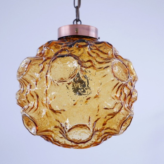 Image 1 of Lampe suspendue vintage en cuivre et verre, Danemark 1970