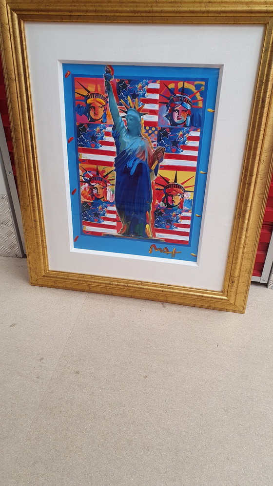 Image 1 of Peter Max, "God Bless America With Five Liberties" (Dieu bénisse l'Amérique avec cinq libertés) - Acrylique mixte