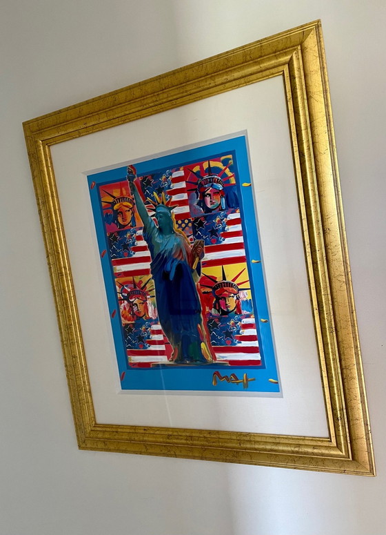 Image 1 of Peter Max, "God Bless America With Five Liberties" (Dieu bénisse l'Amérique avec cinq libertés) - Acrylique mixte