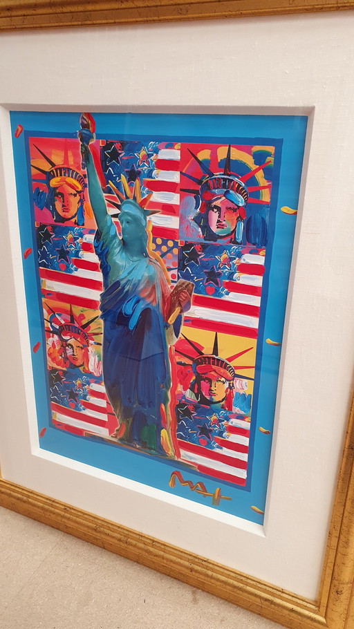 Peter Max, "God Bless America With Five Liberties" (Dieu bénisse l'Amérique avec cinq libertés) - Acrylique mixte