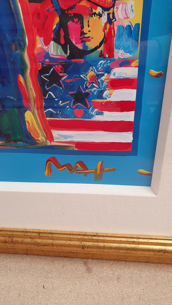 Image 1 of Peter Max, "God Bless America With Five Liberties" (Dieu bénisse l'Amérique avec cinq libertés) - Acrylique mixte