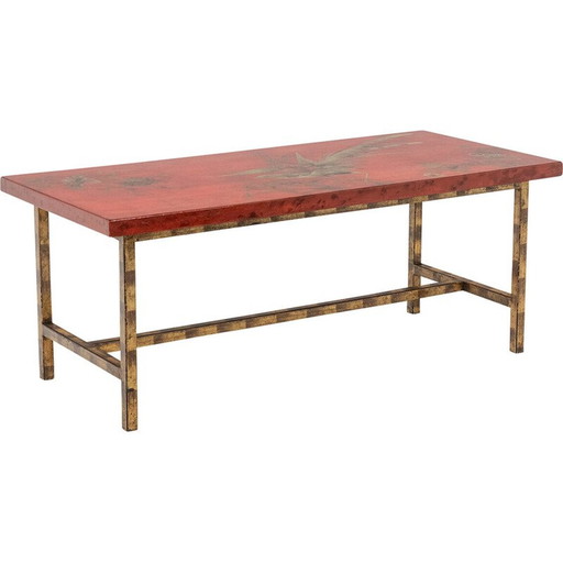 Table basse rectangulaire vintage en laque et fer doré, France 1950