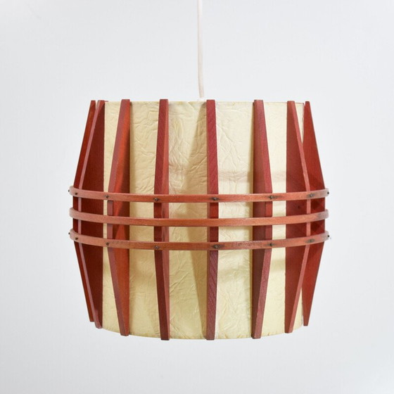 Image 1 of Lampe pendante cocon vintage scandinave en bois et rhodoïd, 1960