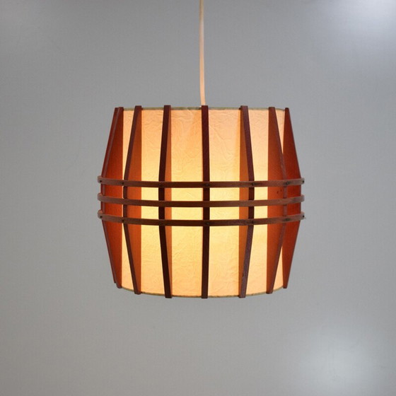Image 1 of Lampe pendante cocon vintage scandinave en bois et rhodoïd, 1960