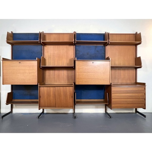 Unité murale modulaire vintage en bois et métal, Italie 1950