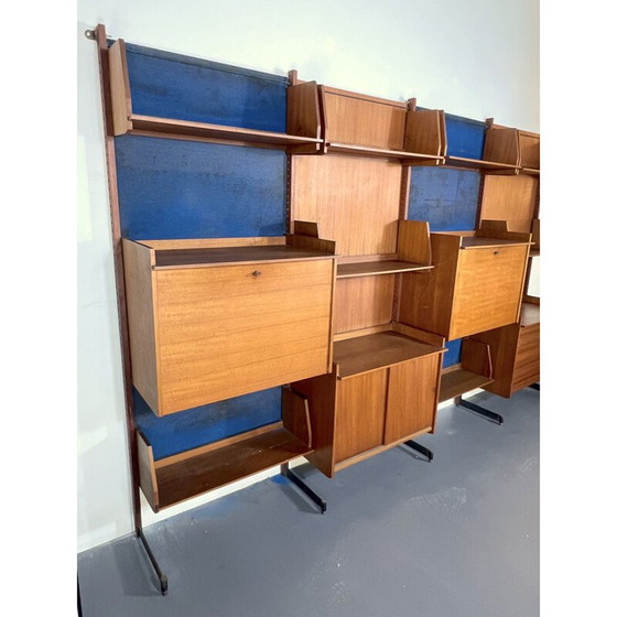 Image 1 of Unité murale modulaire vintage en bois et métal, Italie 1950