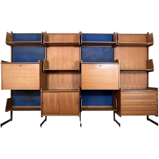 Image 1 of Unité murale modulaire vintage en bois et métal, Italie 1950