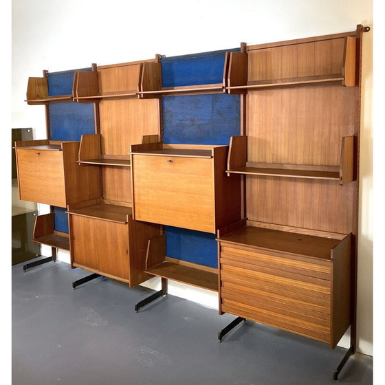 Image 1 of Unité murale modulaire vintage en bois et métal, Italie 1950