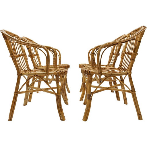 Ensemble de 4 fauteuils en rotin vintage, Italie 1960