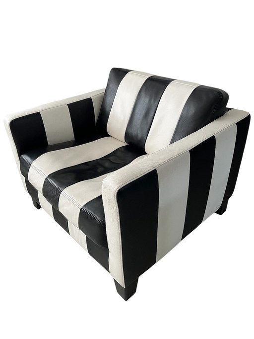 Fauteuil Montel, cuir véritable, rayé noir et blanc, Memphis