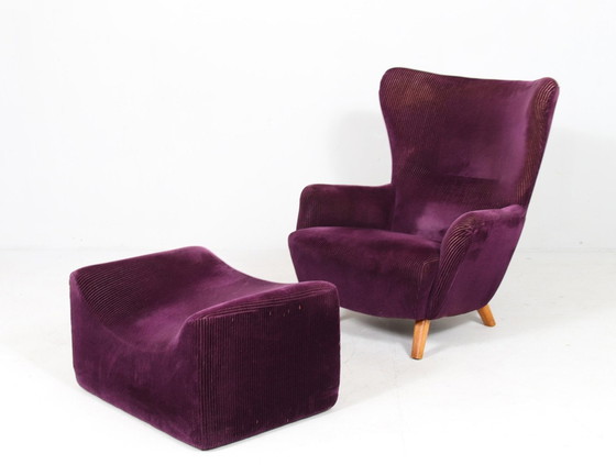 Image 1 of Fauteuil allemand à oreilles avec ottomane, années 1950