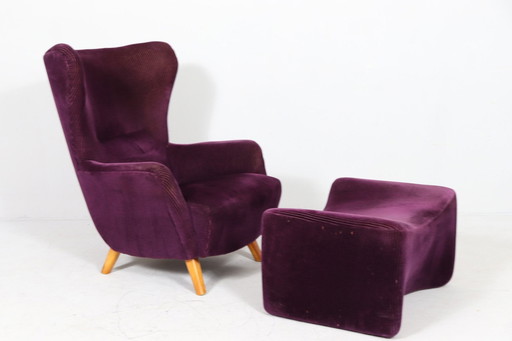 Fauteuil allemand à oreilles avec ottomane, années 1950