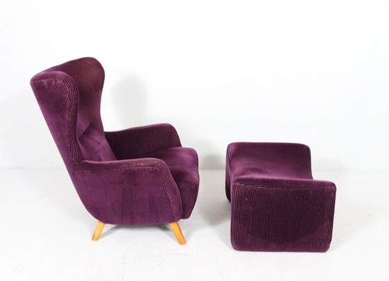 Image 1 of Fauteuil allemand à oreilles avec ottomane, années 1950