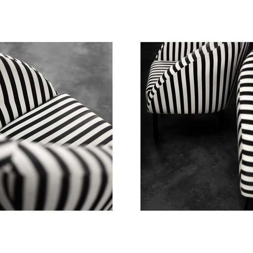 Paire de fauteuils arrondis scandinaves vintage à rayures noires et blanches, années 1960