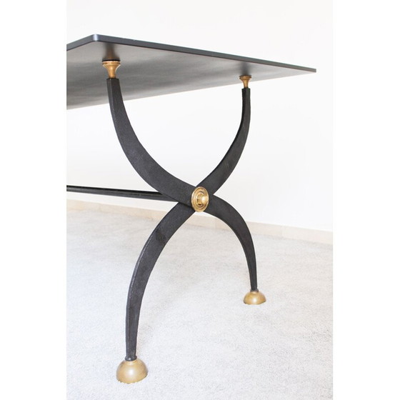 Image 1 of Table vintage en fer forgé avec verre laqué noir, Italie 1970