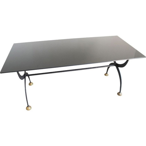 Table vintage en fer forgé avec verre laqué noir, Italie 1970