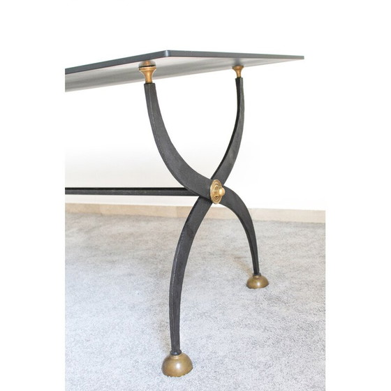Image 1 of Table vintage en fer forgé avec verre laqué noir, Italie 1970