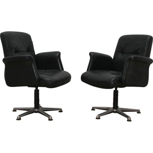 Fauteuil de bureau vintage en métal chromé et cuir noir