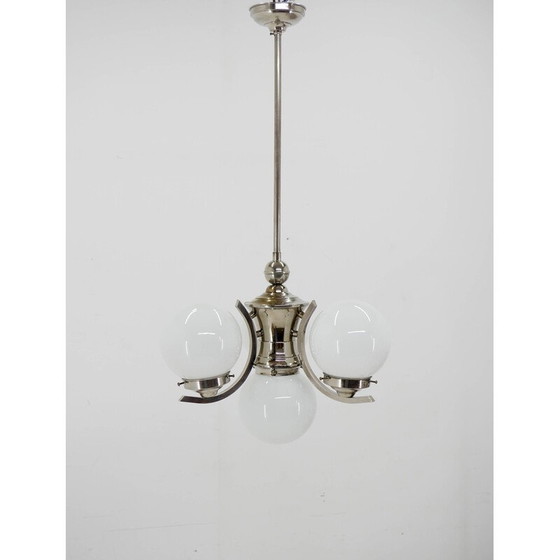 Image 1 of Lustre Vintage Art Déco en verre opalin avec 4 flammes, 1930