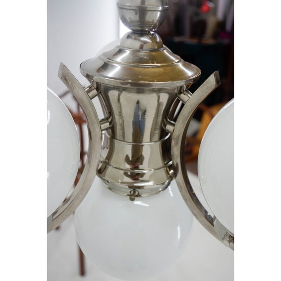 Image 1 of Lustre Vintage Art Déco en verre opalin avec 4 flammes, 1930