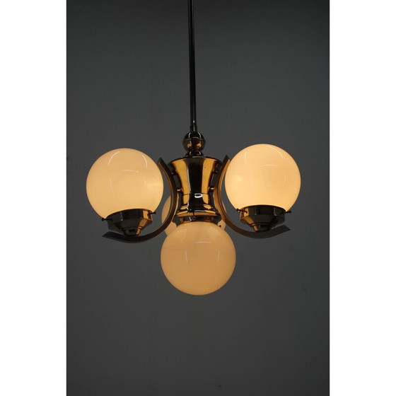 Image 1 of Lustre Vintage Art Déco en verre opalin avec 4 flammes, 1930