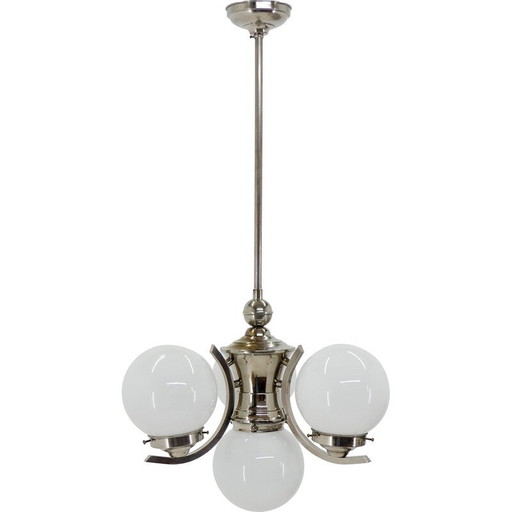 Lustre Vintage Art Déco en verre opalin avec 4 flammes, 1930