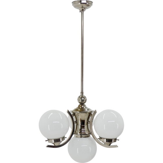 Image 1 of Lustre Vintage Art Déco en verre opalin avec 4 flammes, 1930