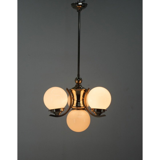 Image 1 of Lustre Vintage Art Déco en verre opalin avec 4 flammes, 1930