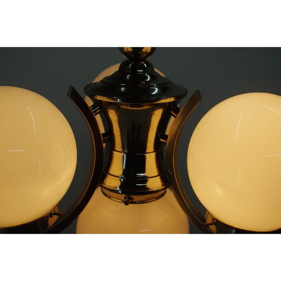 Image 1 of Lustre Vintage Art Déco en verre opalin avec 4 flammes, 1930