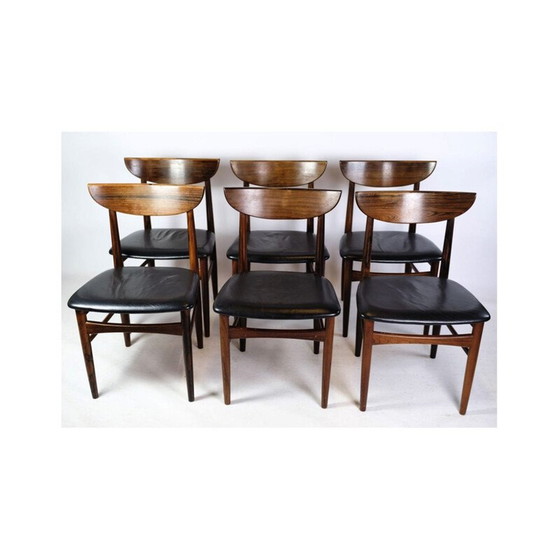 Image 1 of Ensemble de 6 chaises de salle à manger vintage en bois de rose et cuir noir, années 1960