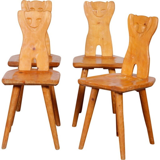 Ensemble de 4 chaises vintage en bois à dossier zoomorphe, 1960