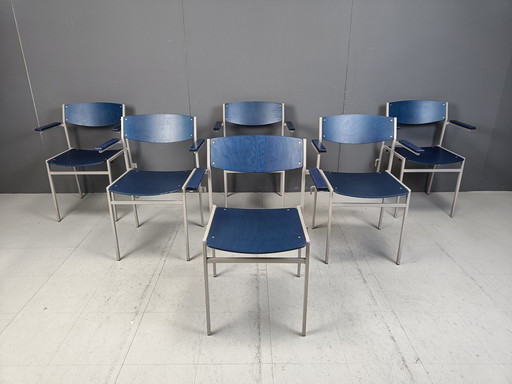 Fauteuils empilables minimalistes en métal et contreplaqué par Gijs Van Der Sluis, ensemble de 6