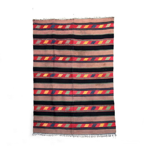 Tapis vintage fait main à rayures et motifs géométriques, Grèce 1950