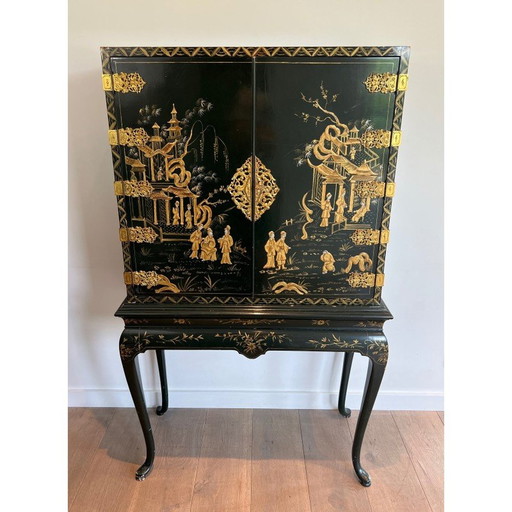 Vitrine vintage en laque chinoise et dorure, France 1940