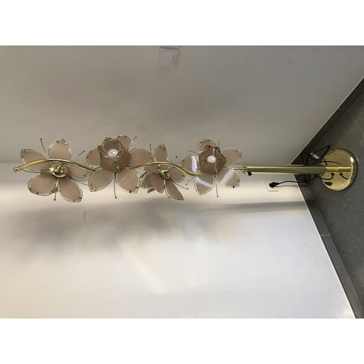 Lampadaire vintage en laiton et verre avec fleur de lotus, 1970