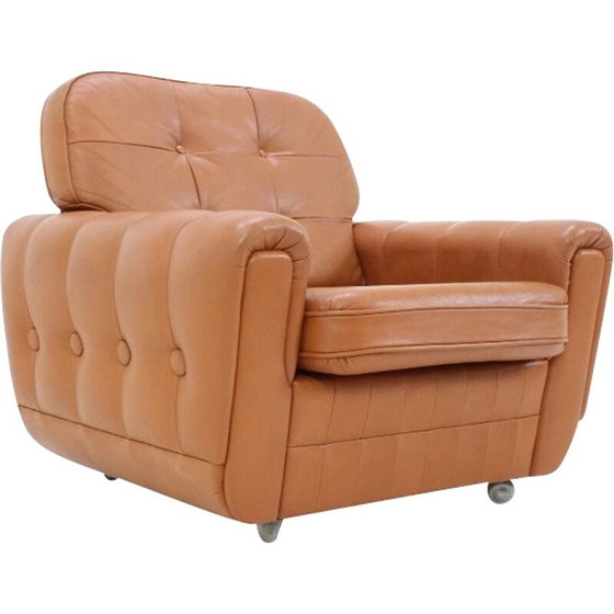 Image 1 of Fauteuil à roulettes en cuir marron clair du Mid Century - années 1970