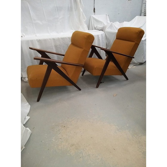 Image 1 of Paire de fauteuils vintage en bois et tissu, années 1950-1960