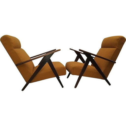 Paire de fauteuils vintage en bois et tissu, années 1950-1960