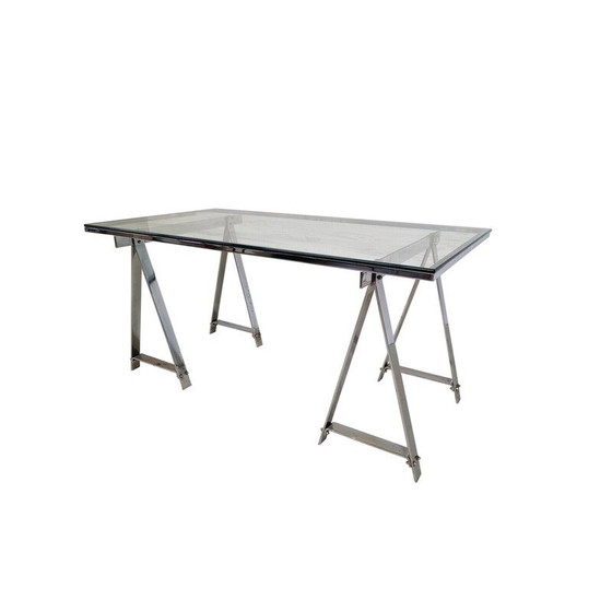 Image 1 of Table de salle à manger du milieu du siècle en chrome et verre, Italie, années 1970