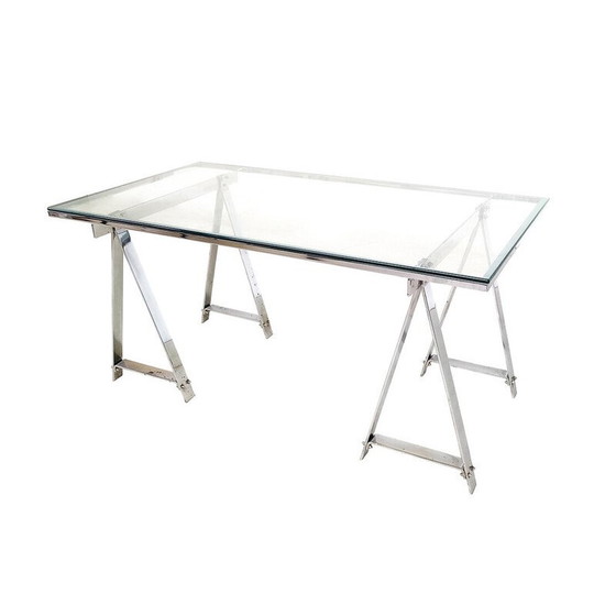 Image 1 of Table de salle à manger du milieu du siècle en chrome et verre, Italie, années 1970