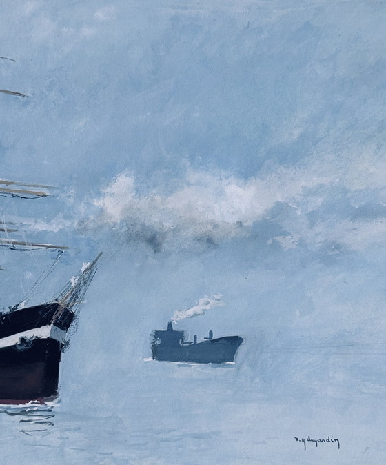 Image 1 of René Marie Dujardin 1913-2002 Merveilleuse Aquarelle Représentant Deux Navires En Mer