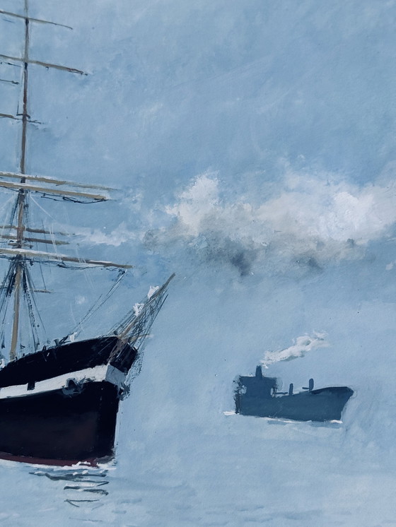 Image 1 of René Marie Dujardin 1913-2002 Merveilleuse Aquarelle Représentant Deux Navires En Mer