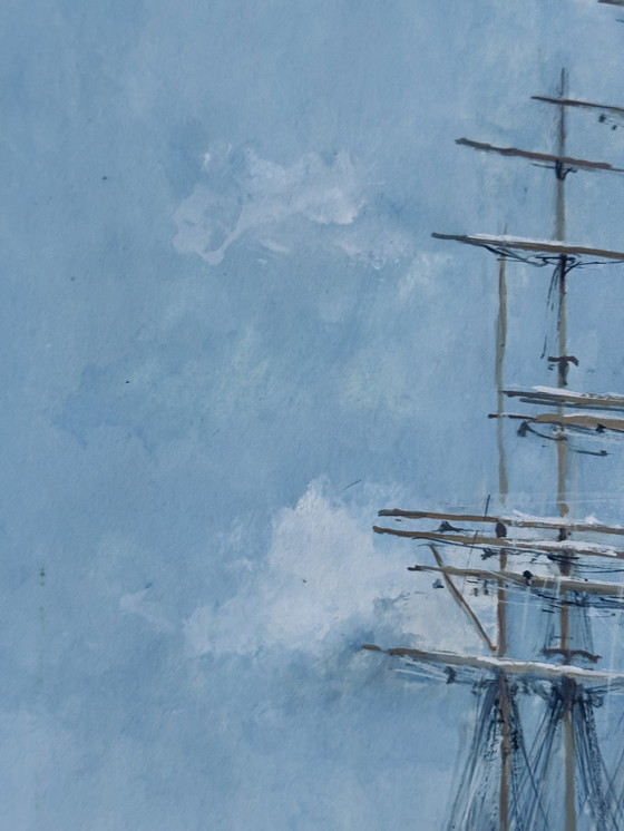 Image 1 of René Marie Dujardin 1913-2002 Merveilleuse Aquarelle Représentant Deux Navires En Mer