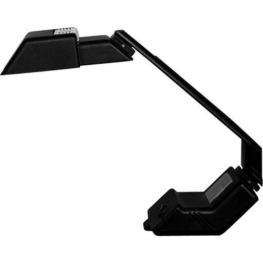 Lampe de bureau vintage en plastique noir avec horloge par Wojciech Dybek pour Polamp Pułtusk, 1987.