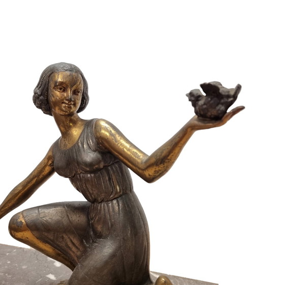 Image 1 of Statue Art Déco française d'une dame avec un berger, années 1930