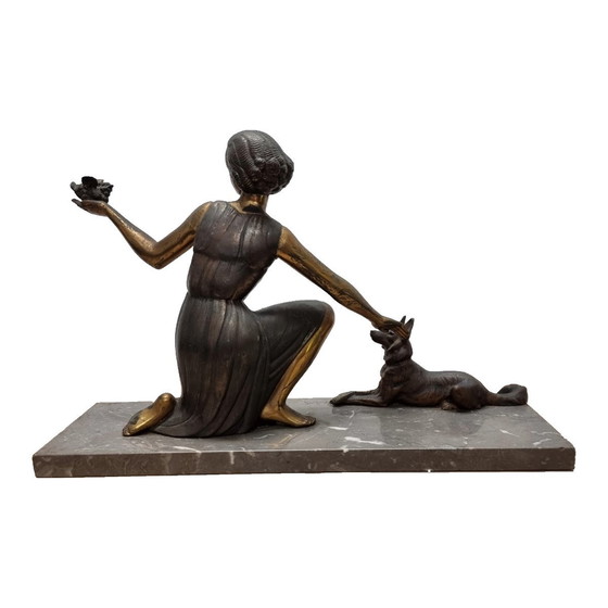 Image 1 of Statue Art Déco française d'une dame avec un berger, années 1930