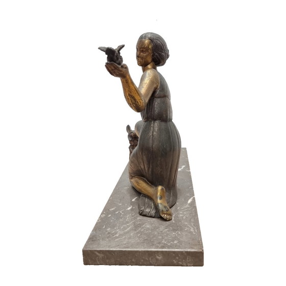 Image 1 of Statue Art Déco française d'une dame avec un berger, années 1930